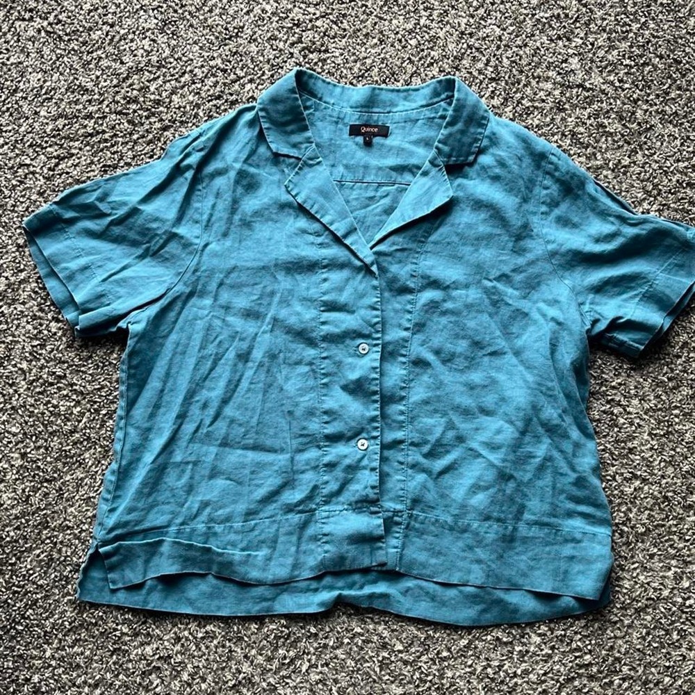 Quince Women Teal Blue 100% Linen Short Sleeve Button Up Shirt Size L MIVN003